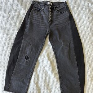 Two-Tone black and Gray Loft high waist barrel jeans with Button Fly and raw hem